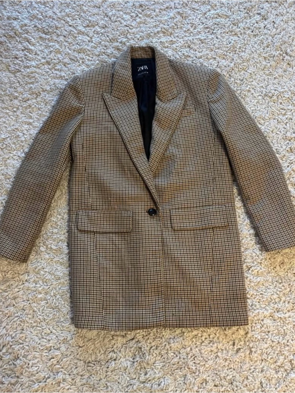 ZARA Tan & Black Houndstooth Single-Button Blazer